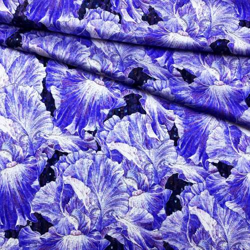 Ткань Атласный Шёлк синего цвета с принтом  цветы, мозаика  46431